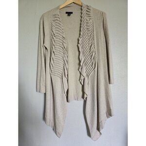 Line Open Front Cardigan Sweater Beige Ruffle‎ Trim Long Sleeve Casual